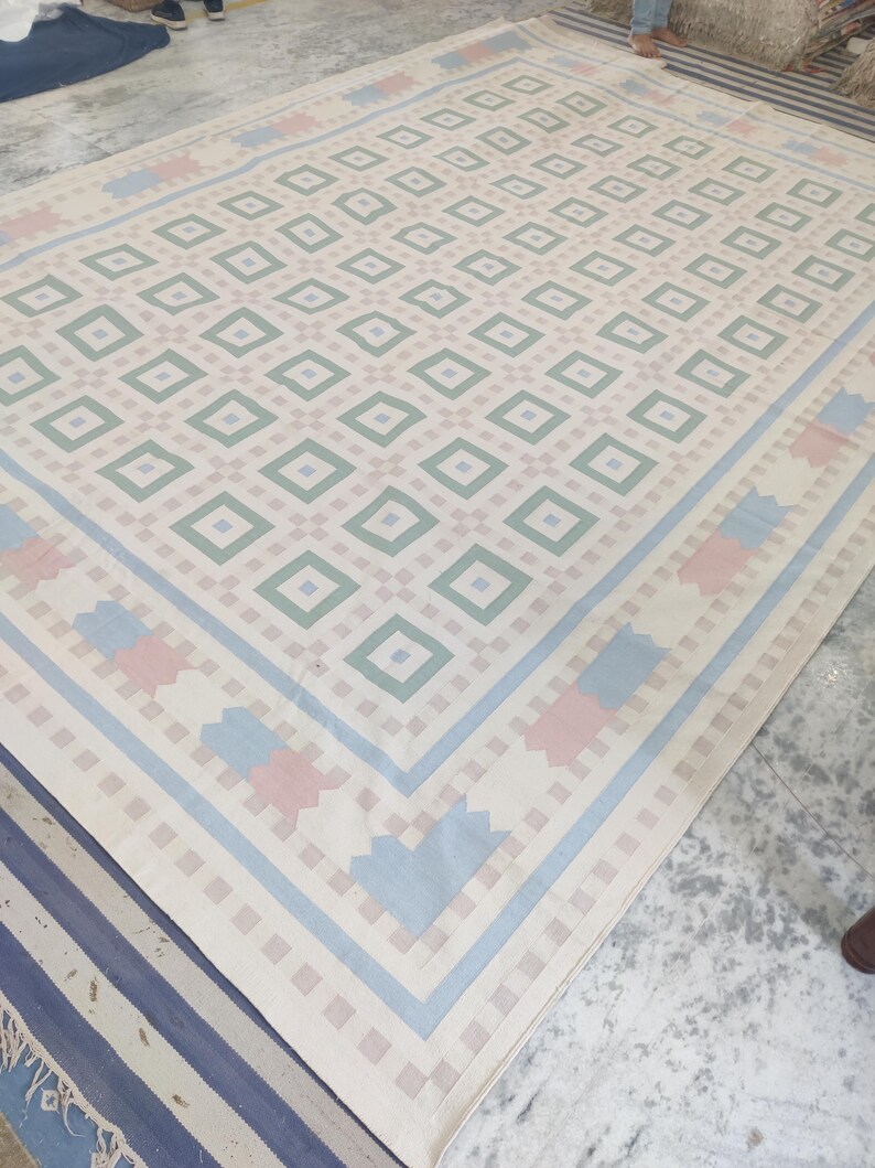 Checkered Flatweave Rug, Handwoven Cotton Flatweave Dhurrie, Pastel ...
