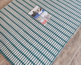 手織りウールエリアラグ、ブルーの幾何学模様の手織りラグ、平織りラグ