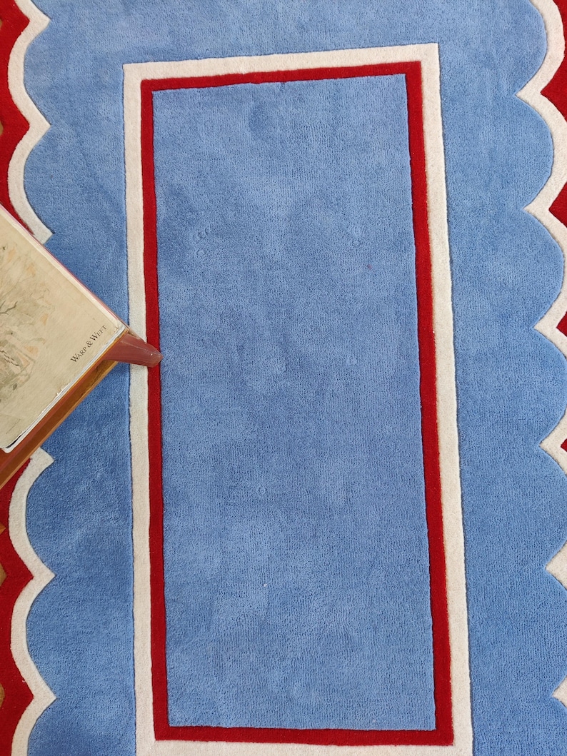 Handmade Wool Tufted Rug, 8x10 Blue And Red Scalloped Indian Dhurrie Rug, Wool Home Decor Rug, Rugs For Bedroom, Kids Room Rug, Neutral rug wool runner rug
