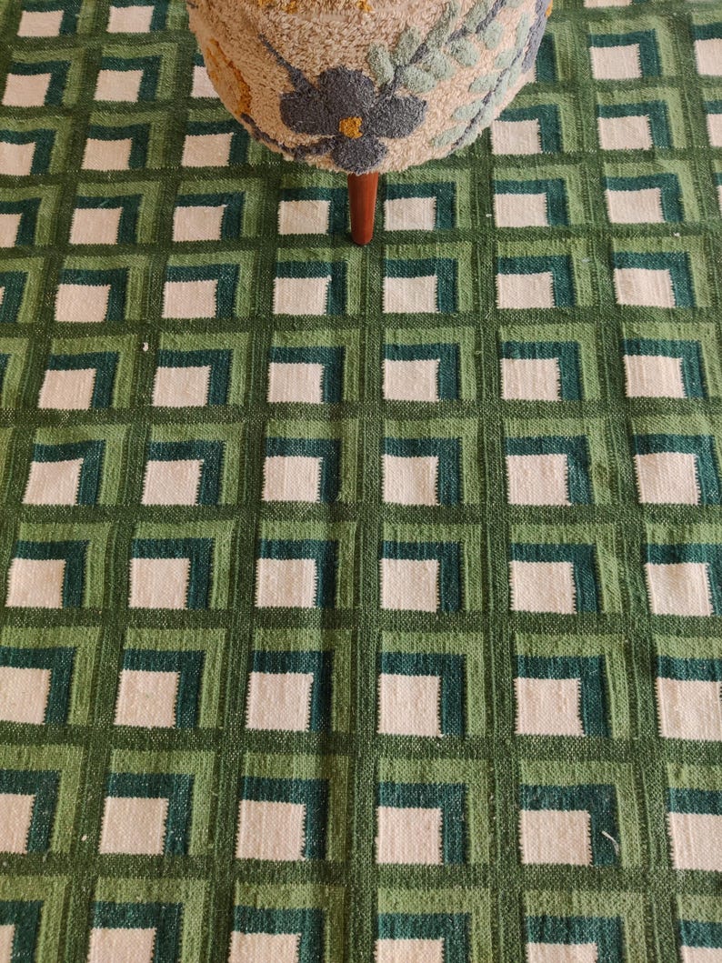 Modern Wool Rug, Luxury Wool Area Rug, Green Scandinavian Design Rug, Checkered Rug, Handwoven Flatweave Kilim Rug, 8X10 FT Wool Rug