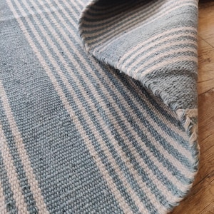 Pu&ograve; includere: Un tappeto a righe blu e bianche con un bordo arrotolato. Il tappeto presenta una trama tessuta e un motivo a righe blu e bianche alternate. Il tappeto &egrave; realizzato in un materiale morbido ed &egrave; adatto per uso interno.