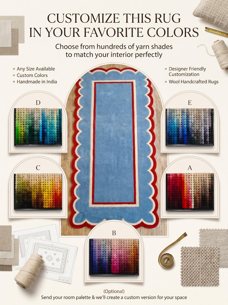 May include: A customizable rug with a light blue center, red border, and scalloped edge. The image includes color swatches and text that reads "Customize this rug in your favorite colors." It also states the rug is handmade in India.