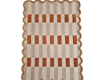 Nordic Handmade Wool Tufted Carpet, Wool Scallop Carpet, 8x10 Ft Hand Tufted Carpet, Kids Room Carpet, Checkered Carpet, Home Decor Area Rug