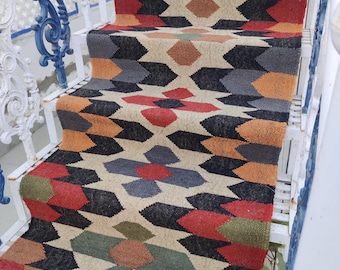 Stair Kilim Runner Rug, 2x18 FT Handwoven Wool And Jute, Bohemian Vintage Customize Runner, Multicolor Jute Rug