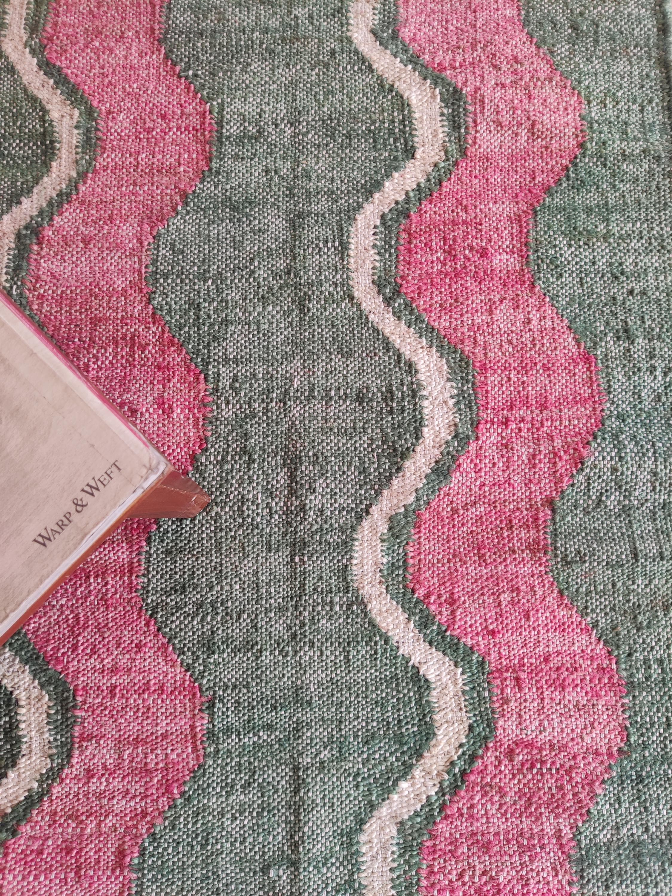 Pink And Green Shell Rug Handwoven Green and Pink Wavy Pattern Jute Rug, Eco-friendly Boho Home ...