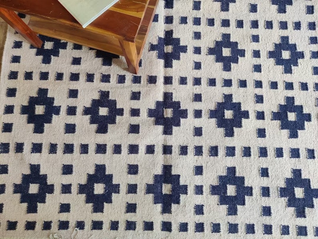 Check Wool Rug Large Hand Woven Large Wool Moroccan Checkered Rug, 5x8 Modern Blue and White ...