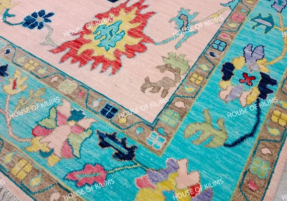 Colorful Wool Oushak Carpet, Handmade Turkish Style Wool Rug, Vintage Inspired Handwoven Area Rug, Modern Blue and Pink Turkish Large