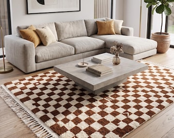 Moroccan Checkered Wool Rug, Handwoven Checkerboard Area Carpet, Brown and Cream Beni Ourain Style Grid Shag Rug for Living Room Decor
