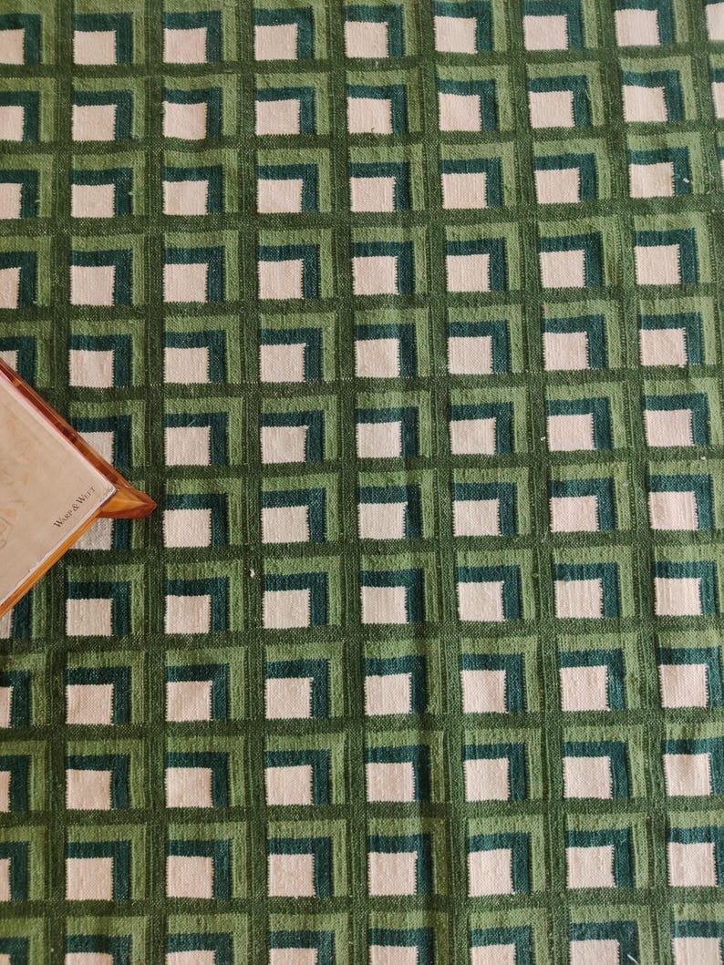 Modern Wool Rug, Luxury Wool Area Rug, Green Scandinavian Design Rug, Checkered Rug, Handwoven Flatweave Kilim Rug, 8X10 FT Wool Rug
