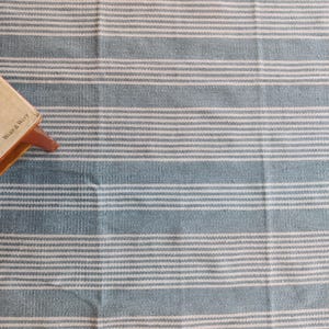 Pu&ograve; includere: Tessuto a righe blu e bianche con trama tessuta. Le righe sono orizzontali e uniformemente distanziate. L'angolo di un libro con la scritta "WARP & WEFT" &egrave; visibile in basso a sinistra.