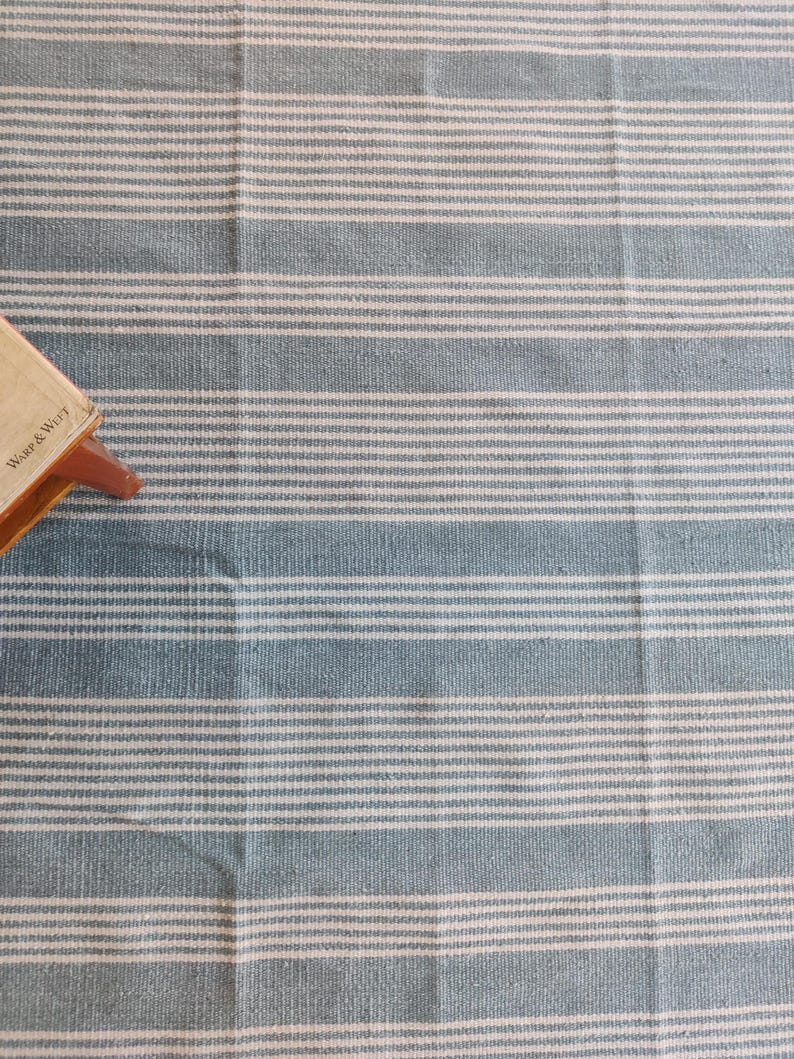 Pu&ograve; includere: Tessuto a righe blu e bianche con trama tessuta. Le righe sono orizzontali e uniformemente distanziate. L'angolo di un libro con la scritta "WARP & WEFT" &egrave; visibile in basso a sinistra.