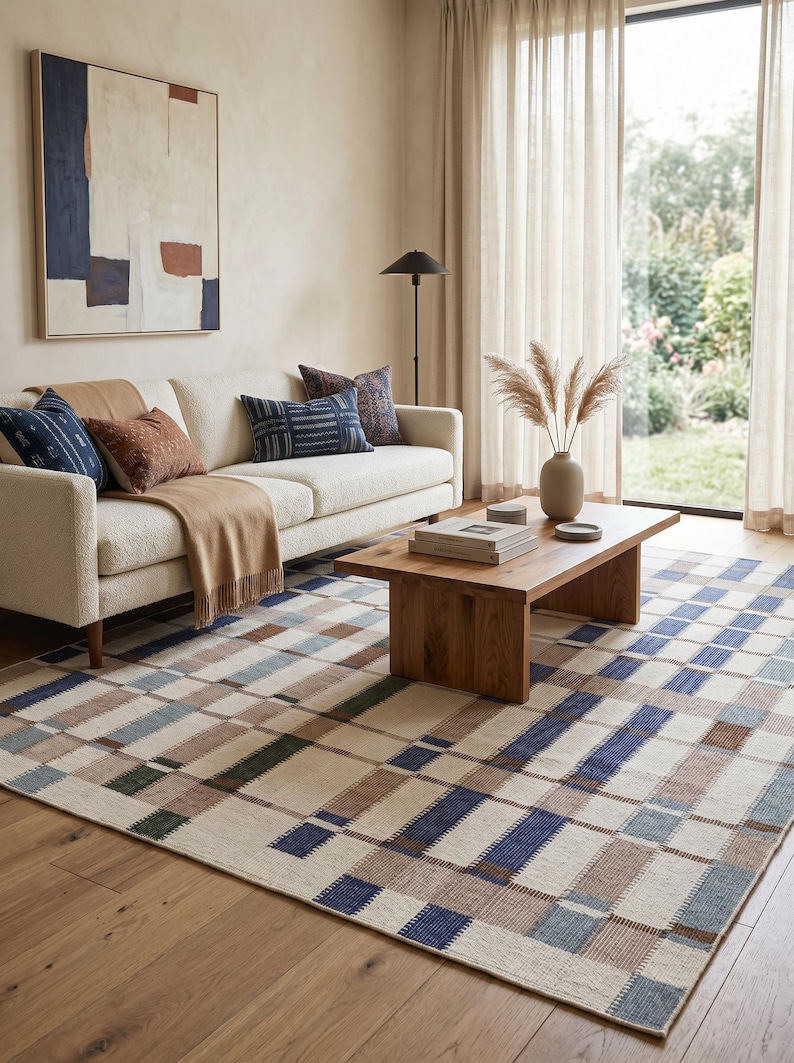 Handwoven Wool Checkered, Neutral Plaid Grid Area Rug, Blue Green Brown ...