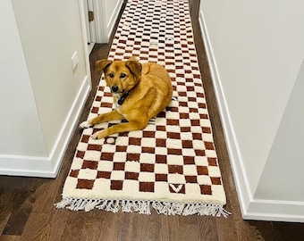 Handmade Checkered Moroccan Rug | Brown & White Check Mat | Irregular Checkerboard Runner | Small Area Rug for Boho Decor