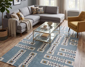 Modern Geometric Wool Rug, Handwoven Swedish Flatweave, Handmade Mid-Century Kilim-Style Accent Rug for Living Room And Bedroom