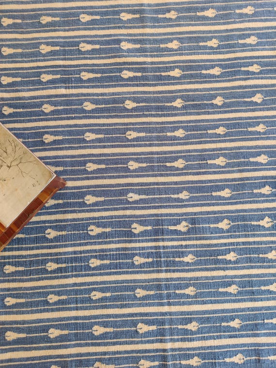 Handwoven Modern Flatweave Area Rug, Cotton Wool Blue And White Handmade Rug, Indoor and Outdoor Rug, 8X10 Kilim Woven Rug, Reversible Rug
