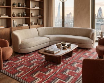 Woven Wool Rug, Handwoven Flatweave Kilim with Modern Geometric Zigzag Design