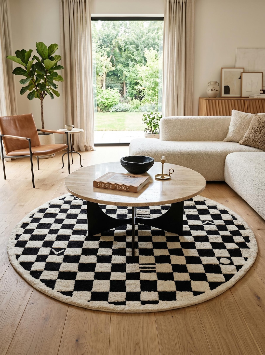 Wool Round Checkered Rug, Black and White Checkerboard Area Rug, Hand ...