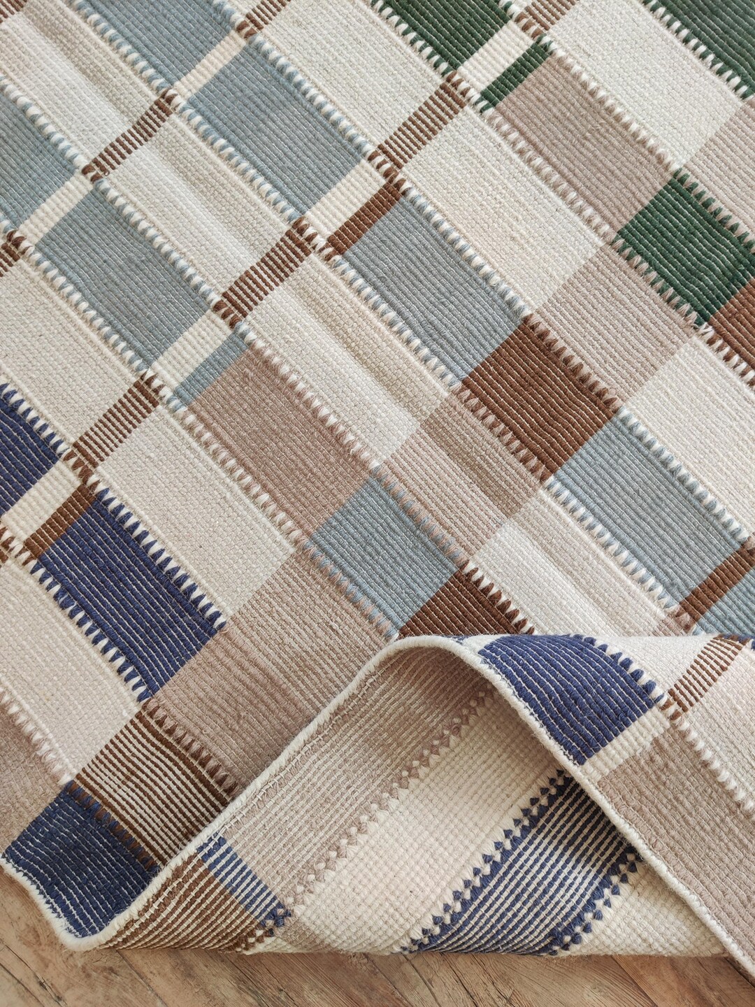 Wool Check Rug Handwoven Wool Checkered Rug, Neutral Plaid Grid Area Rug, Blue Green ...