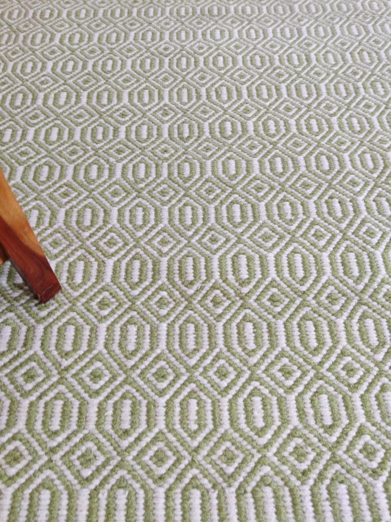 Green Wool Handloom Rug,  Diamond Geometric Pattern | Living Room Wool Area Rug | Handmade Flatweave Carpet | Boho Home Decor Wool Rug 8x10