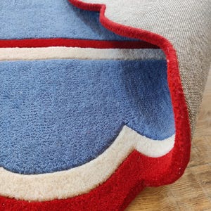 May include: A blue rug with a red and white border. The rug has a soft, textured surface and a decorative design. The rug's dimensions are not visible in the image.