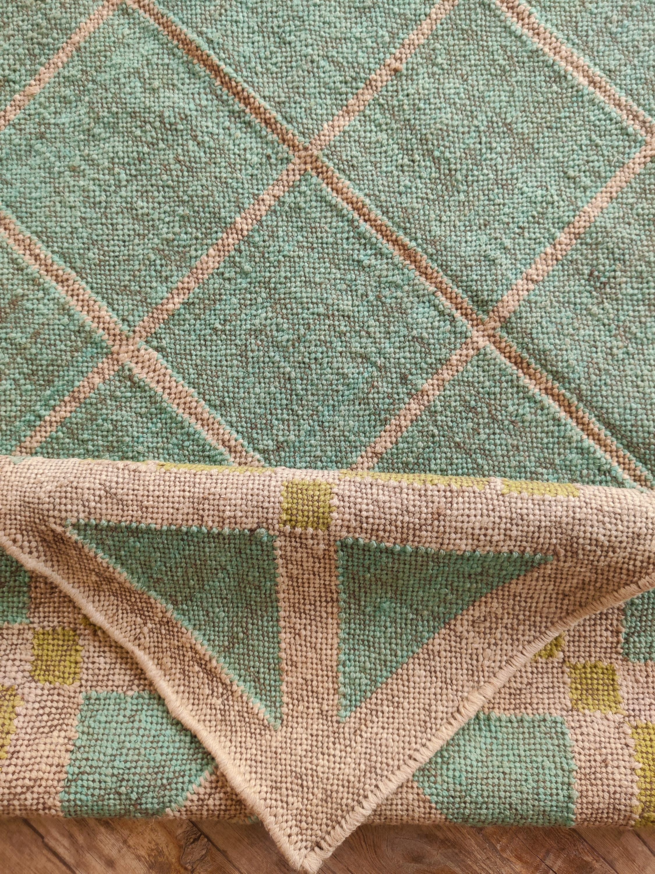 Handwoven Wool Jute Kilim Rug, Aqua Mustard Flatweave Rug,  with Diamond Border Kilim, Geometric Modern Boho Area Rug 58x, 6x9, 8x10 FT Rug