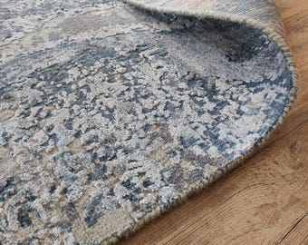 Alfombra de lana y seda anudada a mano / Alfombra moderna abstracta con diseño texturizado / Alfombra de lujo hecha a mano para sala de estar / Alfombra de lana en tonos azul grisáceo