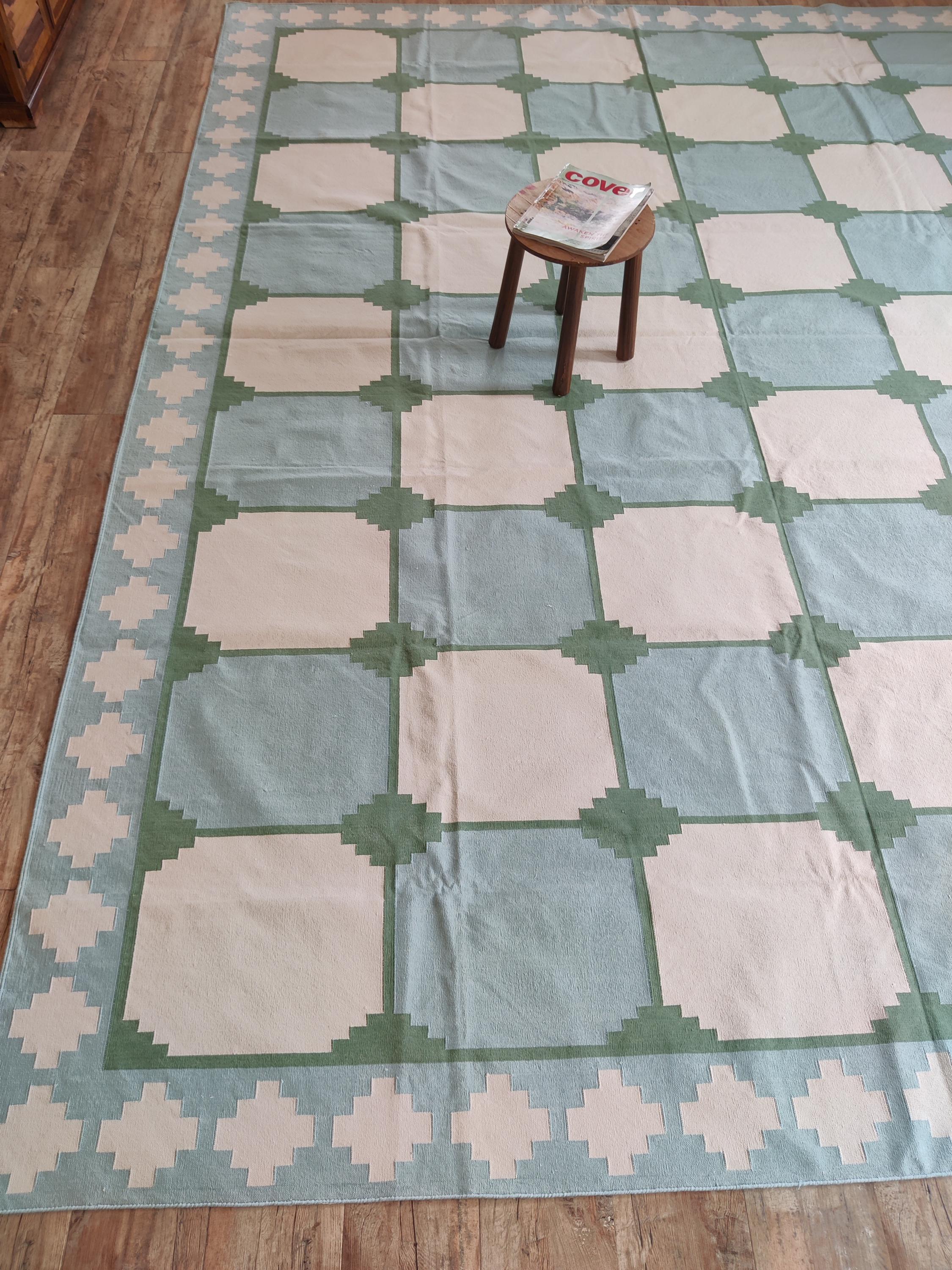 Blue And Green Tile Indian Dhurrie Rug, Handmade Cotton Area Flatweave Rug, Flatweave Oriental Cotton Carpet, Modern Rug, Area Rug 6x9, 8x10