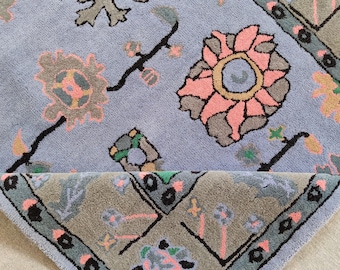Wool Tufted Carpet, Lavender Floral Medallion Rug, Hand Tufted Pastel Wool Area Rug for Living Room or Bedroom, Oriental Wool Area Rug
