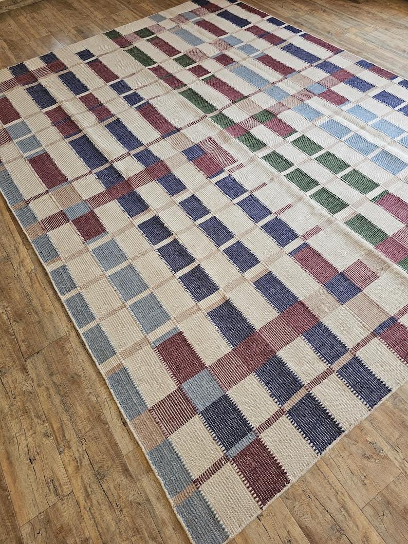 Handwoven Checkered Rug, Marli Flatweave Wool Rug, Modern Woolen Plaid Area Rug, Rugs For Living Room, Wool Rug 8x10, Check Rug, 6x8, 5x8 FT