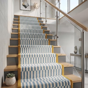 Wool Runner Rug, Blue Geometric Stair with Custom Sizes Available
