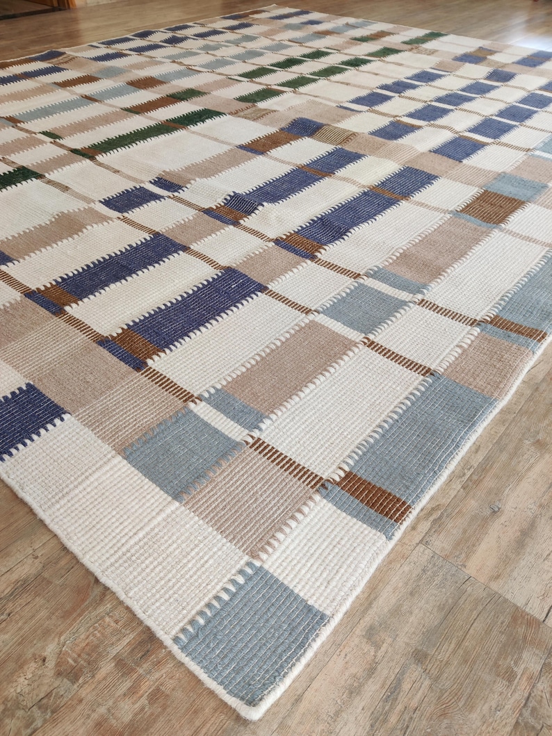 Handwoven Wool Checkered, Neutral Plaid Grid Area Rug, Blue Green Brown ...