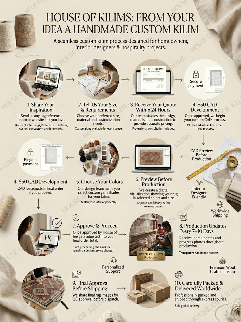 May include: Infographic detailing the custom kilim rug process, from inspiration to delivery. Steps include sharing ideas, size selection, quoting, CAD development, color choices, previews, approval, production updates, final approval, and worldwide shipping.