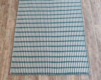 手織りウールエリアラグ、ブルーの幾何学模様の手織りラグ、平織りラグ