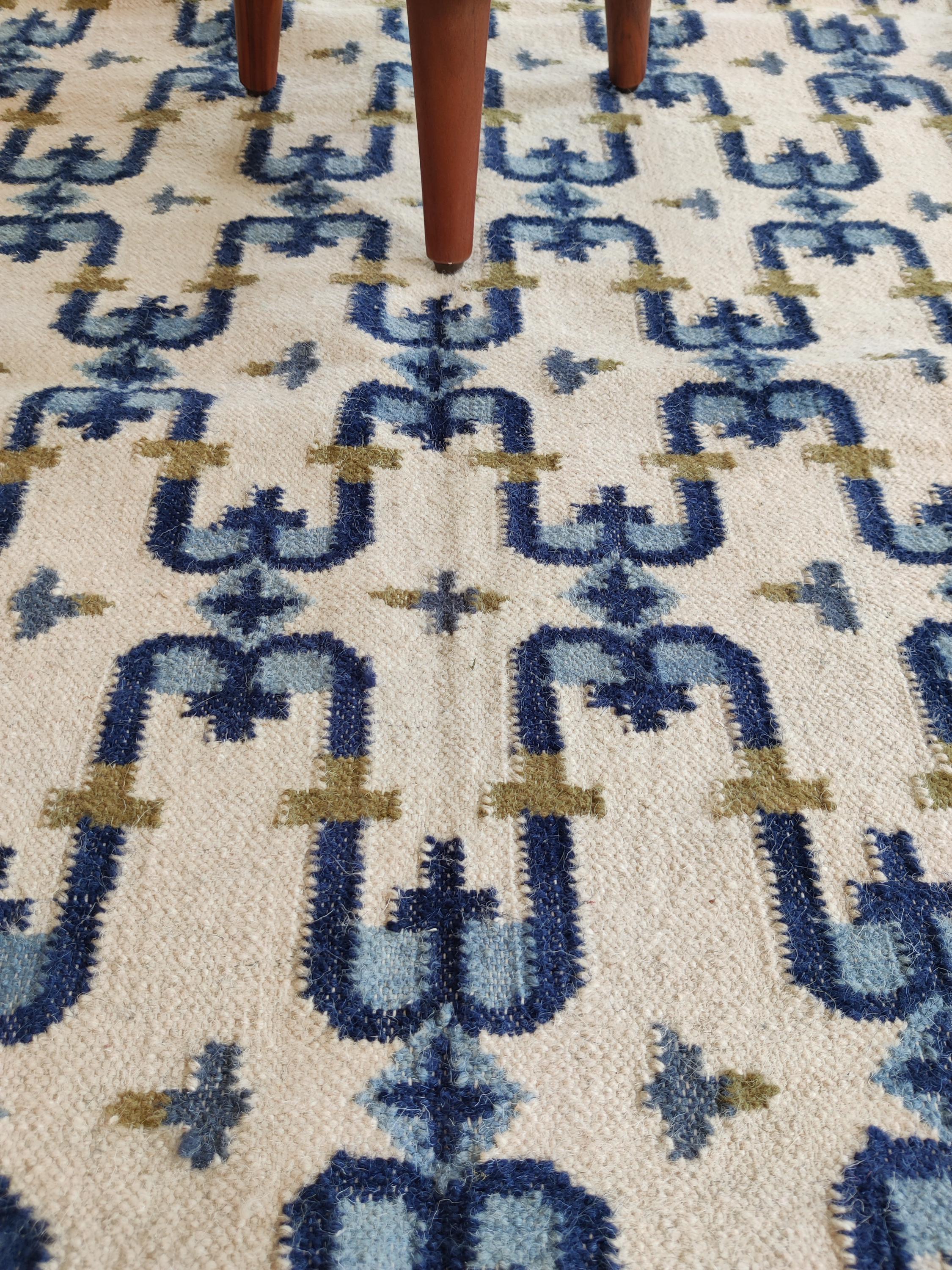 幾何学模様 ウールラグ モダンな幾何学模様のウールコットンラグ | ネイビーオリーブ柄の