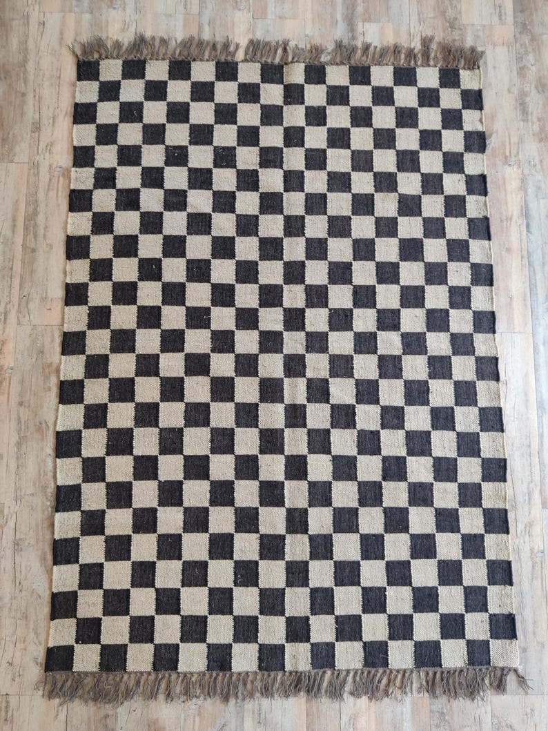 Checker Jute Rug, Wool Jute Area Checkered Rugs/runner, Large Jute ...