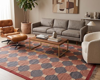Geometric Wool Jute Rug, Rust Terracotta Kilim, Modern Abstract Area For Handwoven Flatweave Boho Carpet, Custom Size Entryway Rug
