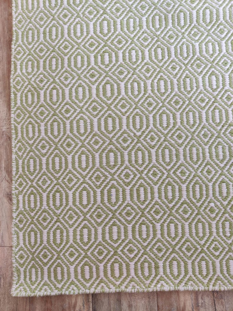 Green Wool Handloom Rug,  Diamond Geometric Pattern | Living Room Wool Area Rug | Handmade Flatweave Carpet | Boho Home Decor Wool Rug 8x10