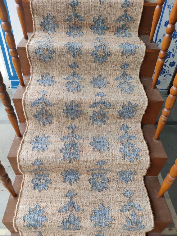 Natural Blue Tribal Handwoven Runner, Cotton Jute Runner Rug, Boho Farmhouse Stair Runner, Eco-Friendly Hallway Runner, Jute Runner 2x10 FT
