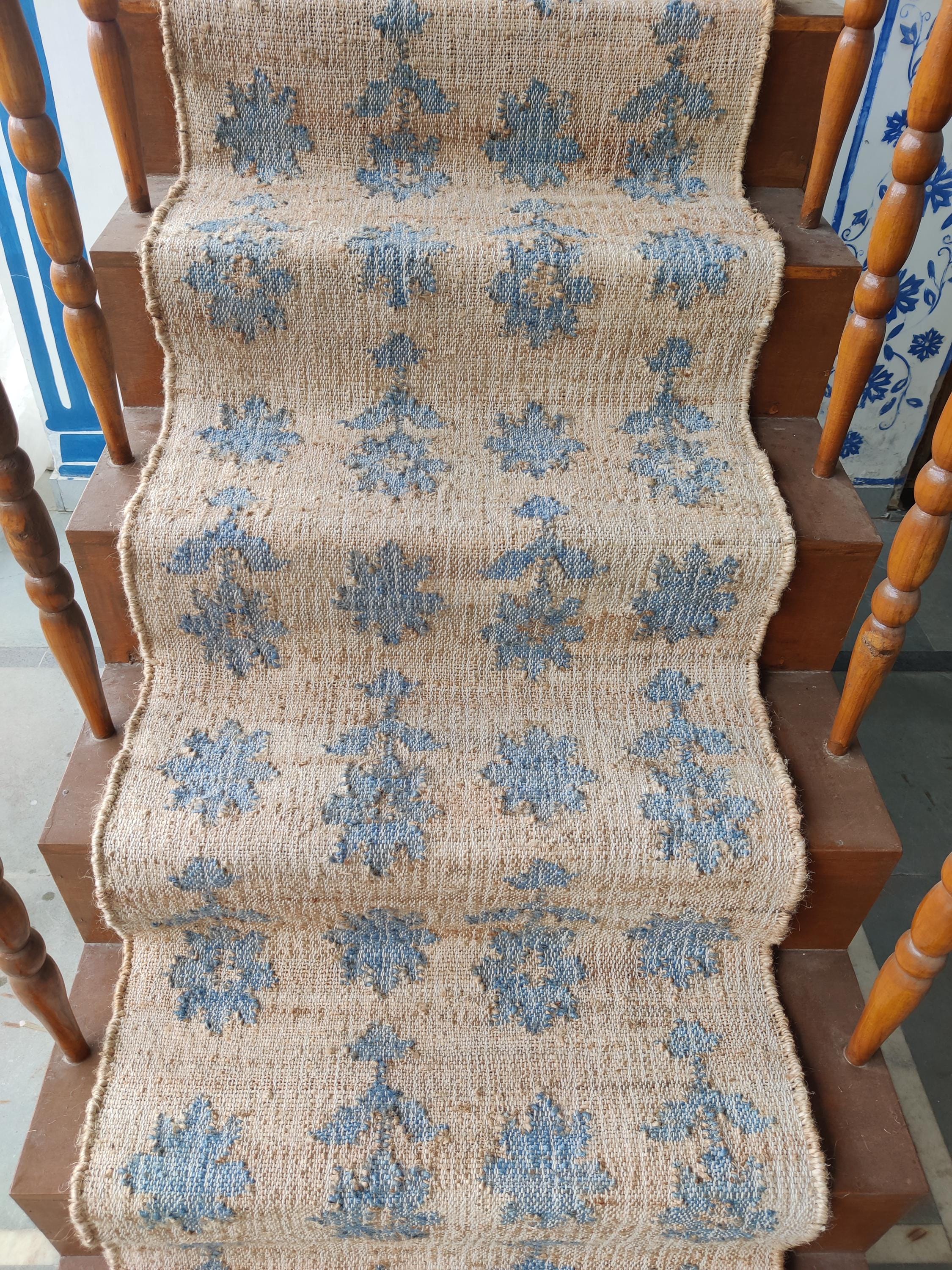 Natural Blue Tribal Handwoven Runner, Cotton Jute Runner Rug, Boho ...