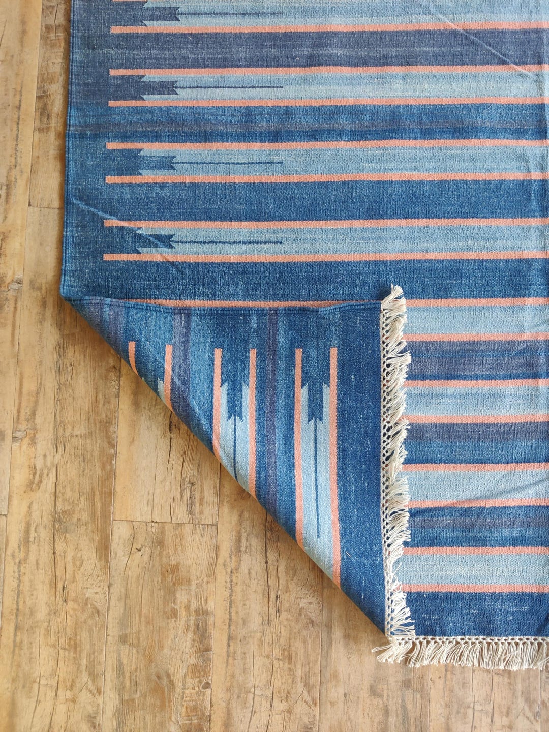 Modern Blue and Orange Striped Flatweave Area Rug, Handwoven ...