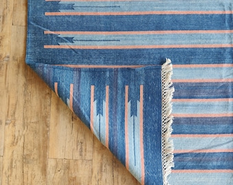 Modern Blue and Orange Striped Flatweave Area Rug, Handwoven Contemporary Geometric Rug, Vintage Dhurrie Rug  Cotton Dhurries 9x12, Gift