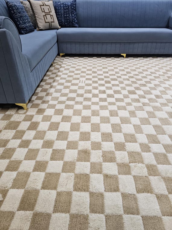 Berber Beige Rug, Moroccan Checkered Rug,  Irregular Checkerboard Hand-Knotted Wool Ru, Wool Checkered Rug, Wool Rug 8x10, Checker Board Rug