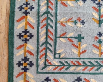 Handwoven Scandinavian Modern Decor, Reversible Geometric Wool Rug for Living Room And Bedroom, Mid-Century Inspired Blue Floral Kilim Rug