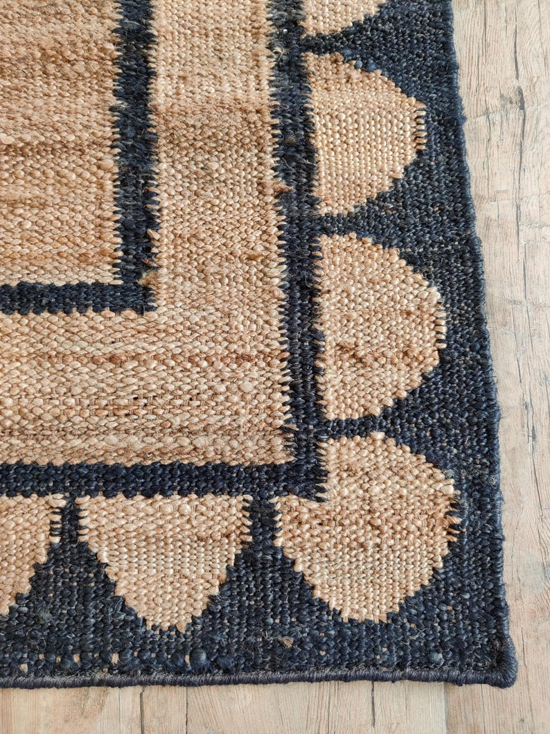 Scallop Handwoven Jute Hemp Rug, Bordered Black Design Hemp Rug, Jute Hemp Area Rug, Modern Rug, Reversible Hemp Rugs, Jute Hemp Runner Rug, 5X8,6X9, 8X10, ALL SIZE