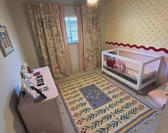 Modern Floral Flatweave Wool Area Rug for Living Room and Bedroom Decor, Handmade Wool Kilim Rug, Premium Wool Rug, Custom Size Available