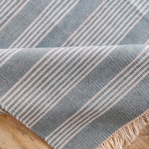 Pu&ograve; includere: Un tappeto a righe blu e bianche con un bordo sfrangiato. Il tappeto presenta un motivo a righe diagonali in blu chiaro e bianco. La trama del tappeto &egrave; visibile e la frangia &egrave; di colore naturale.