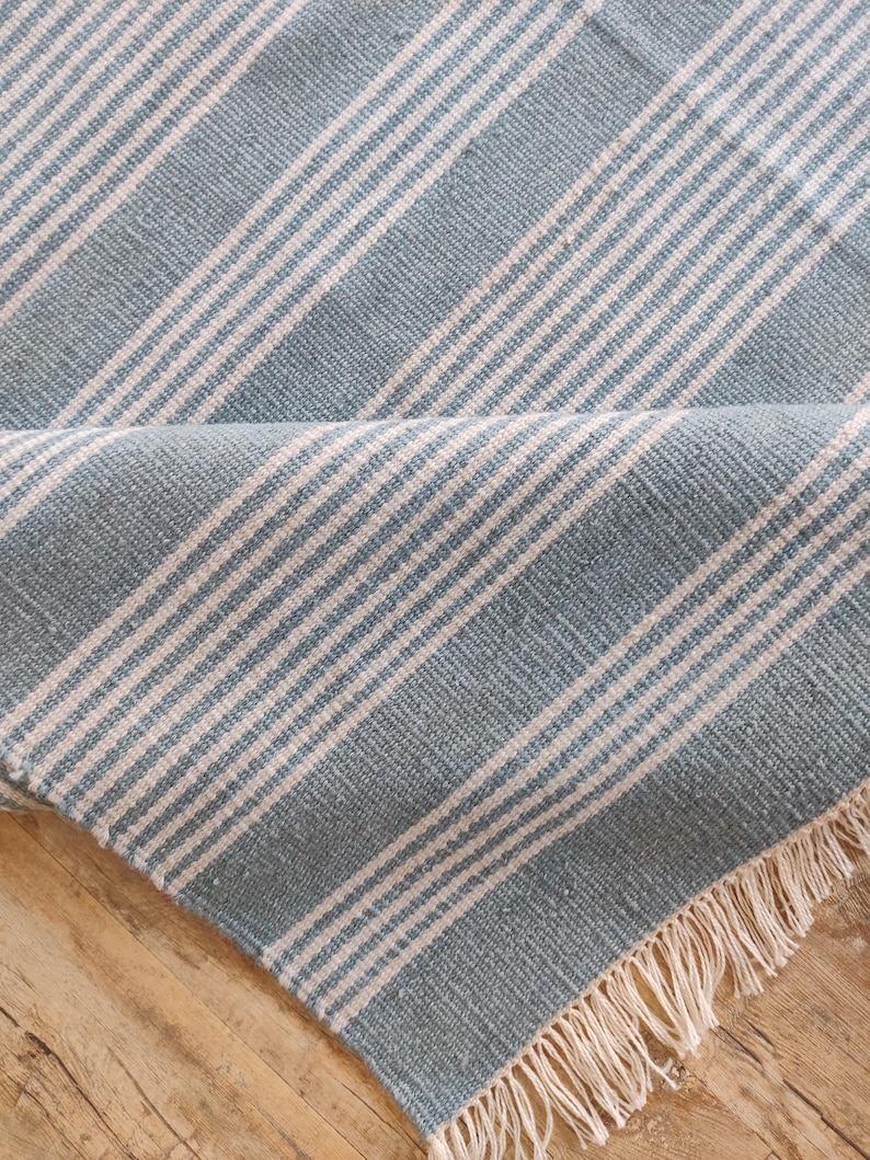 Pu&ograve; includere: Un tappeto a righe blu e bianche con un bordo sfrangiato. Il tappeto presenta un motivo a righe diagonali in blu chiaro e bianco. La trama del tappeto &egrave; visibile e la frangia &egrave; di colore naturale.