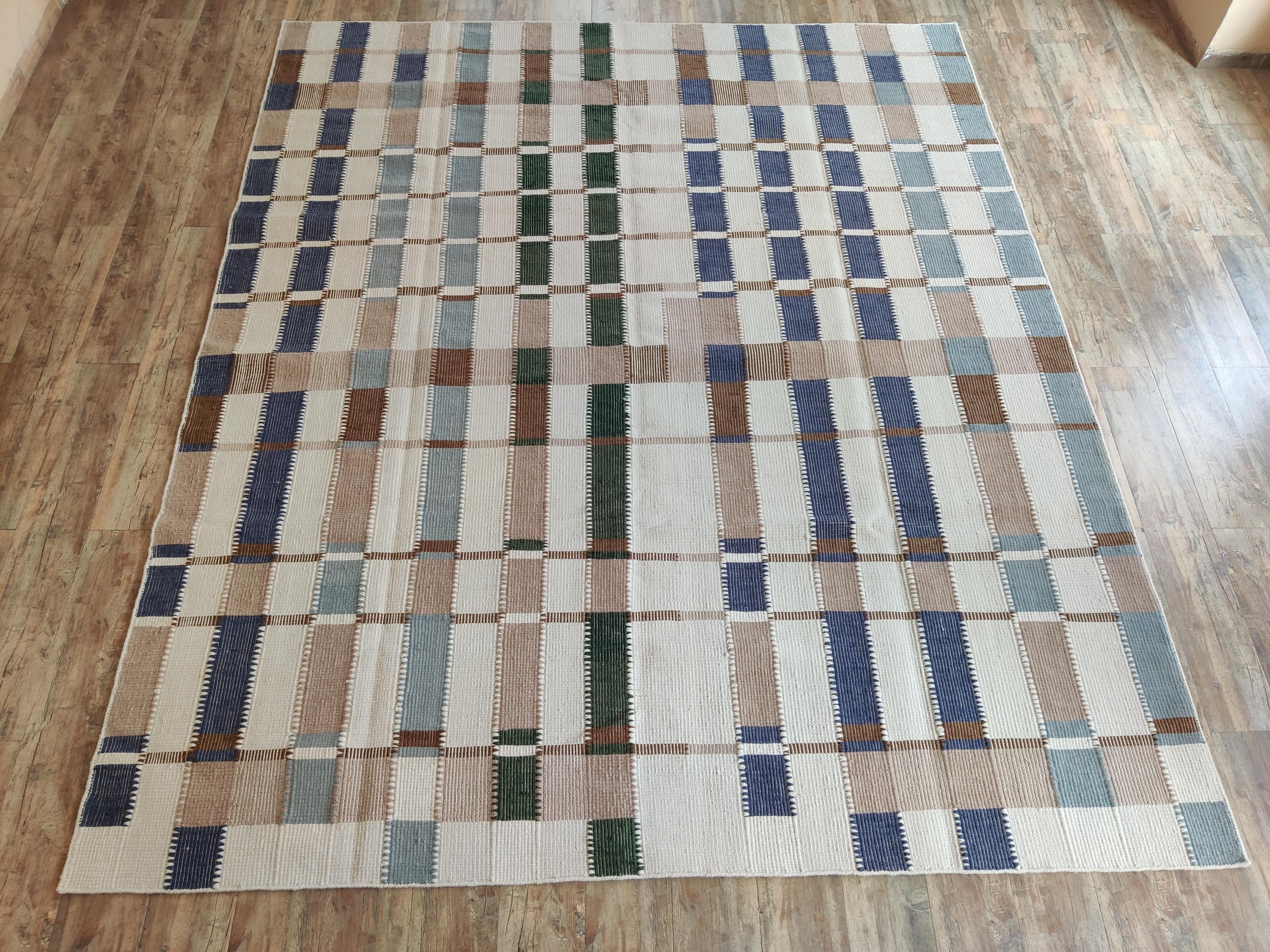Handwoven Wool Checkered, Neutral Plaid Grid Area Rug, Blue Green Brown ...