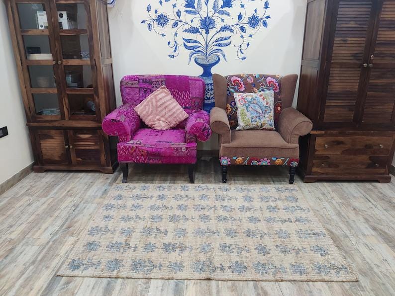 8x10 FT Floral Pattern Rug, Cotton Jute Rug, Earthy Tone Rug, Natural