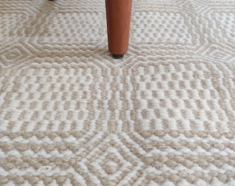 Handmade Ecru & White Wool Combo Rug, Woolen Flatweave Rugs, Outdoor Rug, Rugs For Bedroom, Home And Living Room, Home Decor Wool Rug, 6x9FT
